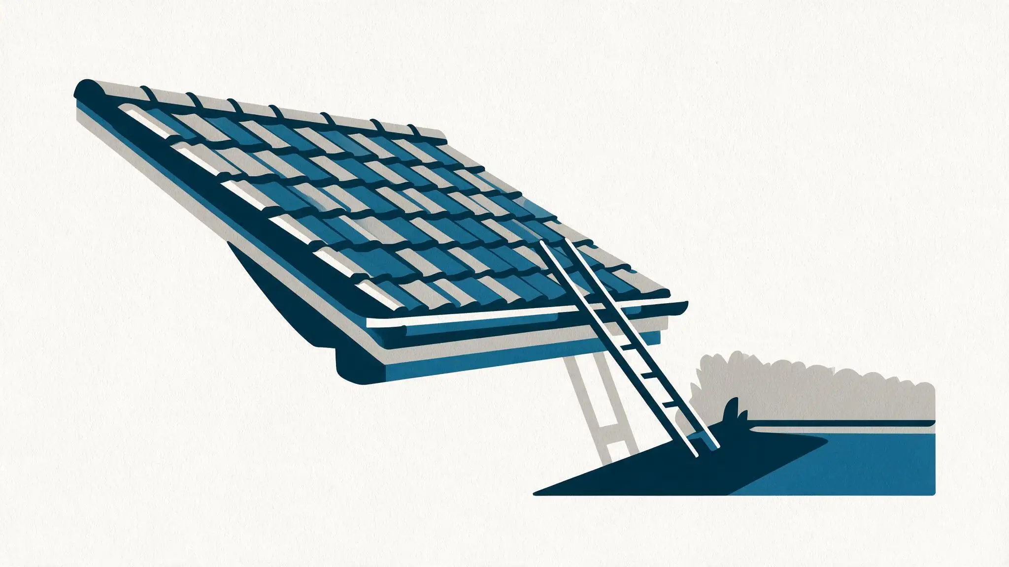 A tiled pitched roof with a ladder leaning against it